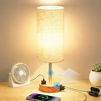 Modern Touch Table Lamp with AC Outlet & USB-A/C Charging Ports – Bedroom Bedside Lamp for Home, Office & Nightstand
